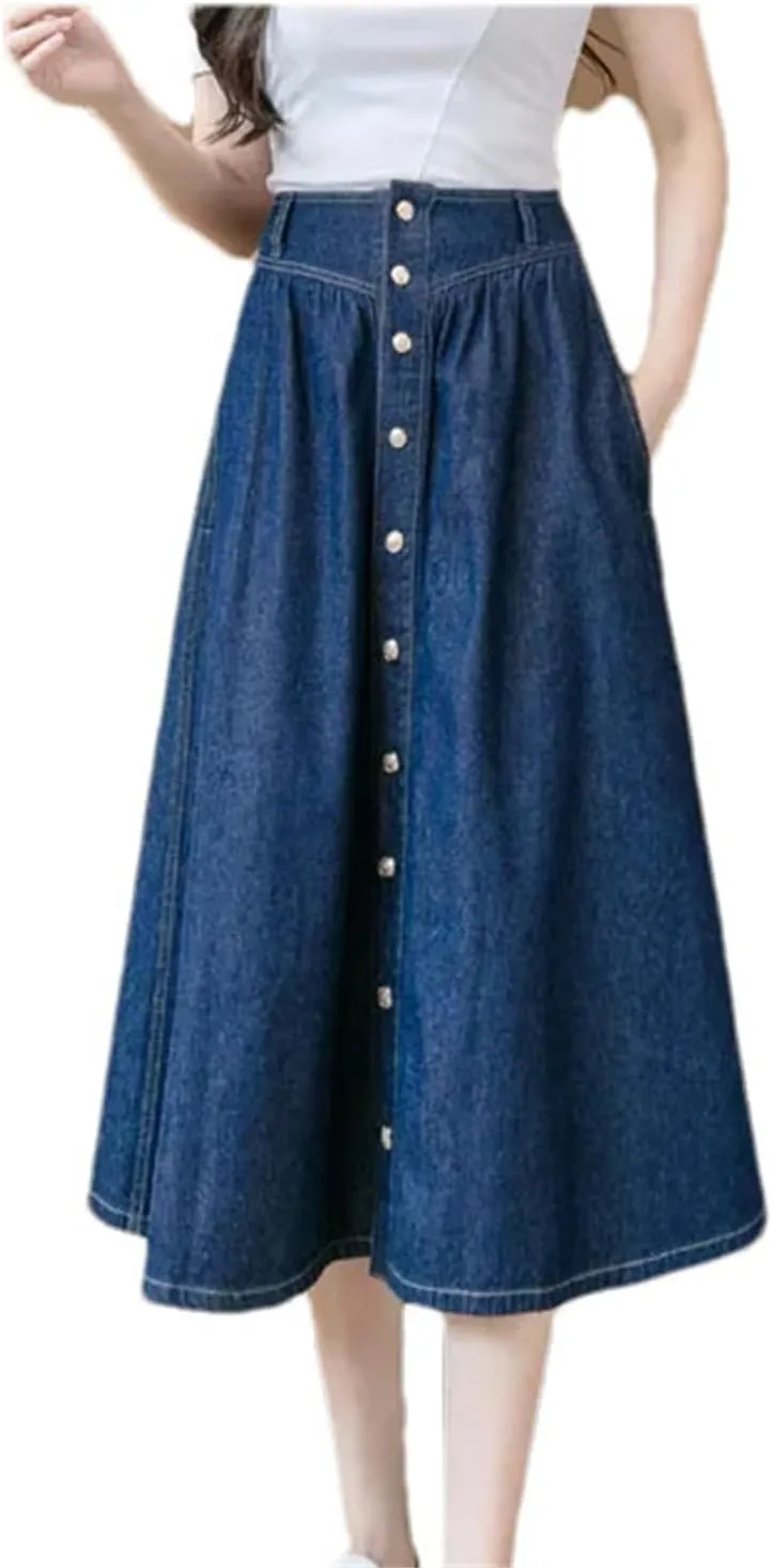 Women High Waist Button Front A-Line Denim Skirt Spring Summer Casual Midi Jean Skirt