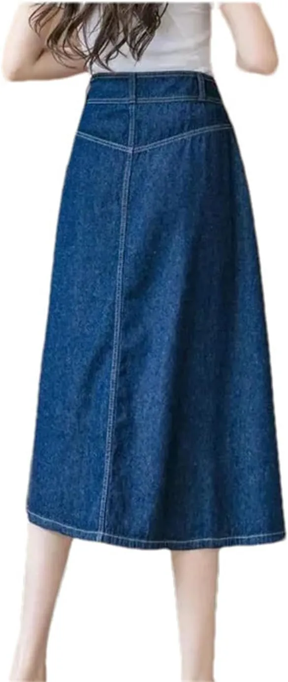 Women High Waist Button Front A-Line Denim Skirt Spring Summer Casual Midi Jean Skirt