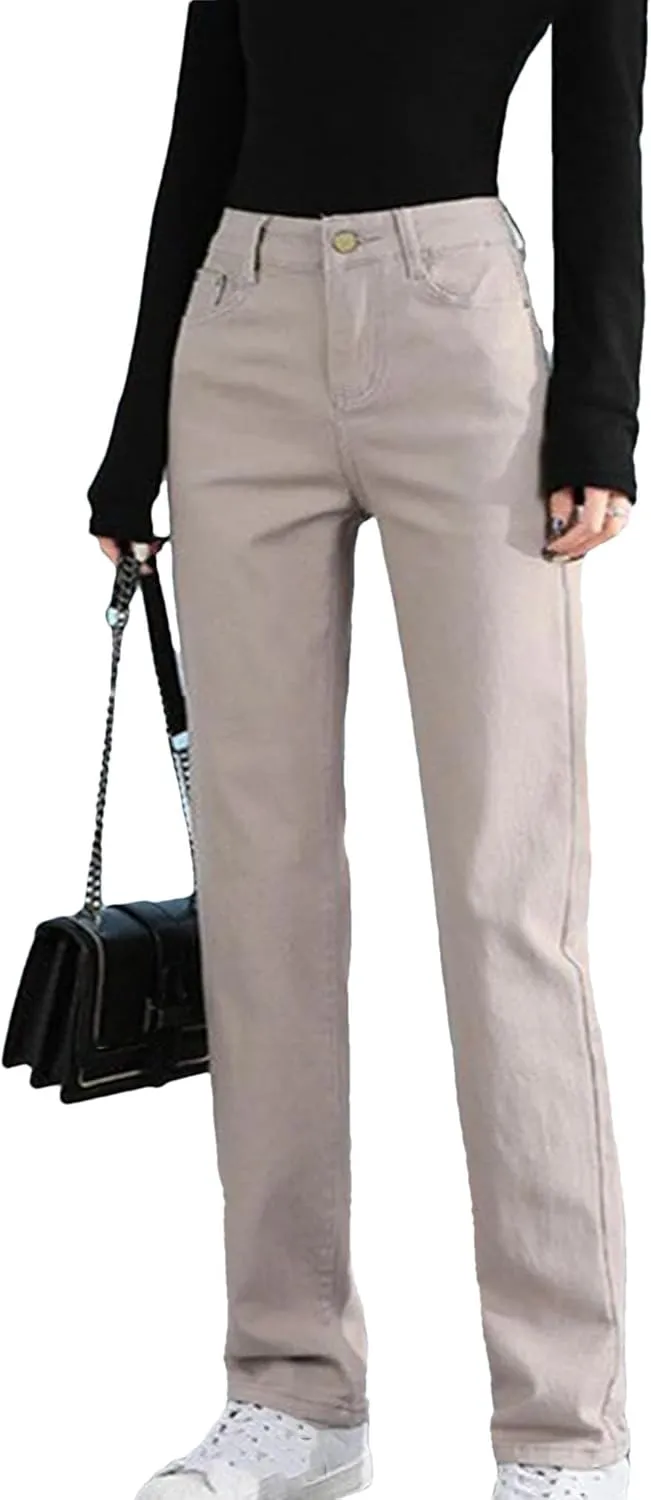 Women High Waist Slim Straight Jeans Solid Color Stretch Skinny Casual Denim Pants