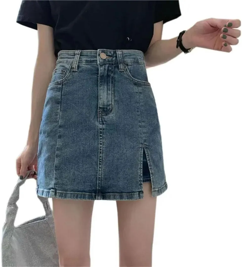 Women High-Waisted Denim Mini for Summer Thin Side Slit Bodycon Skirt Anti-Exposure A- Line Pants Skirt
