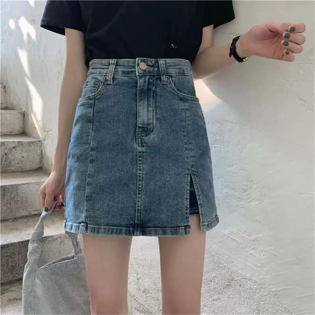 Women High-Waisted Denim Mini for Summer Thin Side Slit Bodycon Skirt Anti-Exposure A- Line Pants Skirt