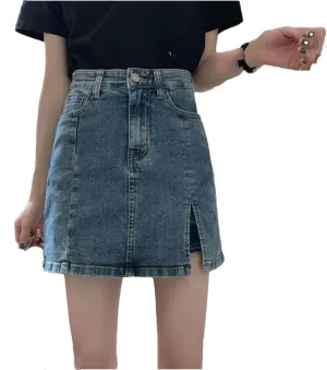 Women High-Waisted Denim Mini for Summer Thin Side Slit Bodycon Skirt Anti-Exposure A- Line Pants Skirt