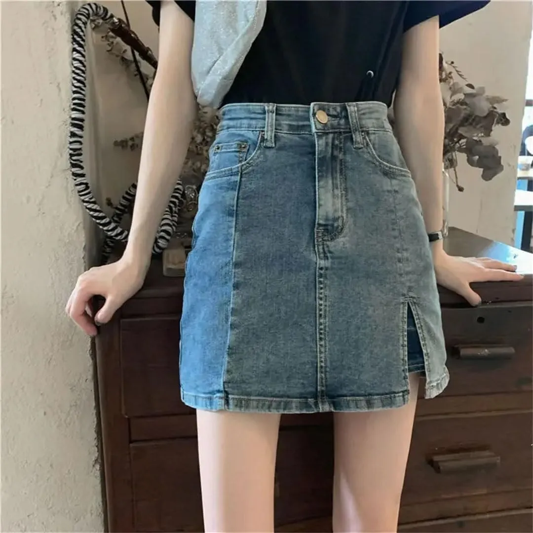 Women High-Waisted Denim Mini for Summer Thin Side Slit Bodycon Skirt Anti-Exposure A- Line Pants Skirt
