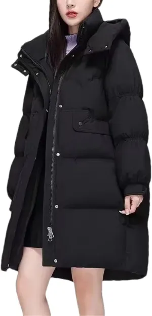 Women Hooded Button Zipper Down Jacket Loose Vintage Mid-Calf Thickened Warm Parka Coat