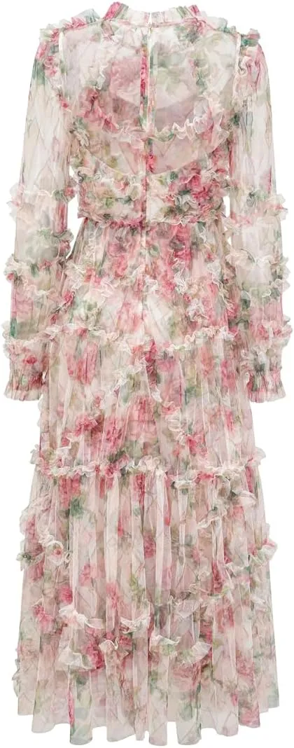 Women Lace Maxi Evening Dress Floral Ruffle Long Sleeve A-Line Wedding Guests Dress
