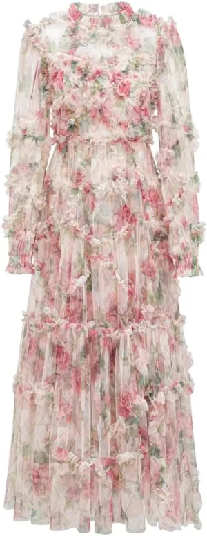 Women Lace Maxi Evening Dress Floral Ruffle Long Sleeve A-Line Wedding Guests Dress
