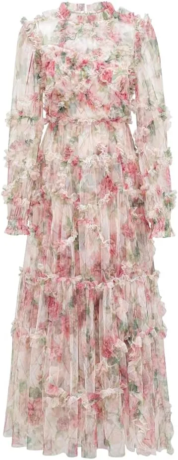 Women Lace Maxi Evening Dress Floral Ruffle Long Sleeve A-Line Wedding Guests Dress