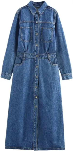 Women Lapel Denim Coat Simple Long Sleeve Slim Outwear Full Length Maxi Long Overcoat