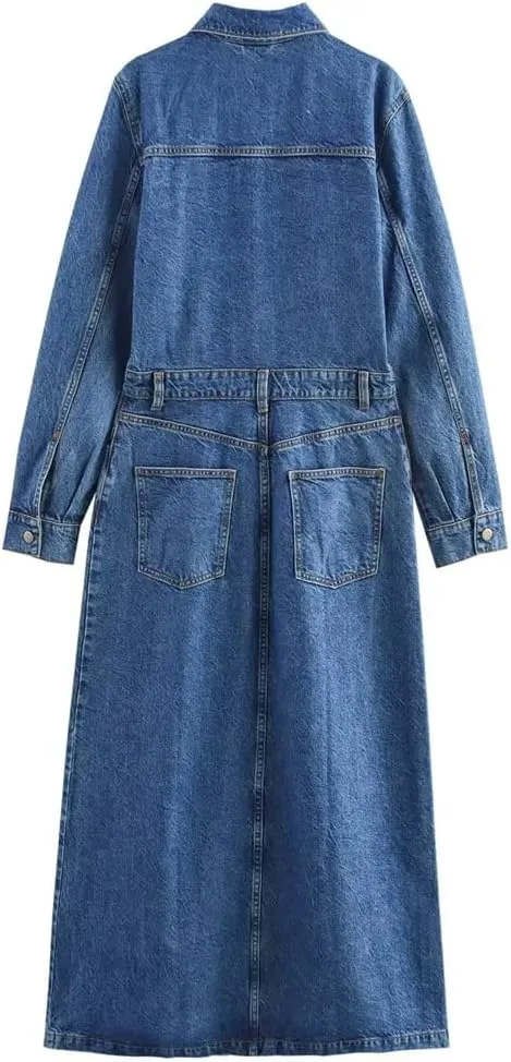 Women Lapel Denim Coat Simple Long Sleeve Slim Outwear Full Length Maxi Long Overcoat