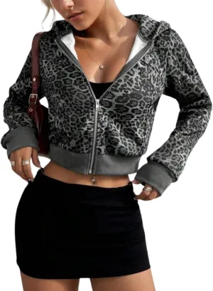 Women Leopard Print Full Zip Up Crop Hoodie Long Sleeve Fleece Cheetah Print Zipper Cropped Hooded Sweatshirt