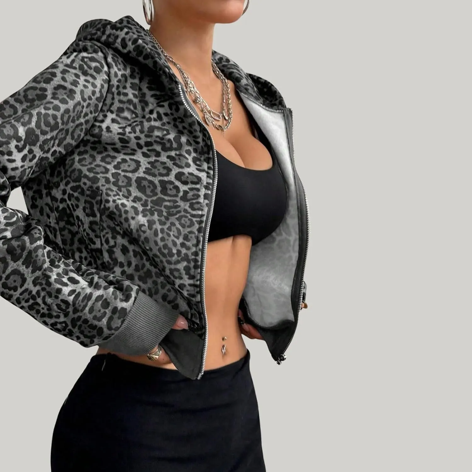Women Leopard Print Full Zip Up Crop Hoodie Long Sleeve Fleece Cheetah Print Zipper Cropped Hooded Sweatshirt