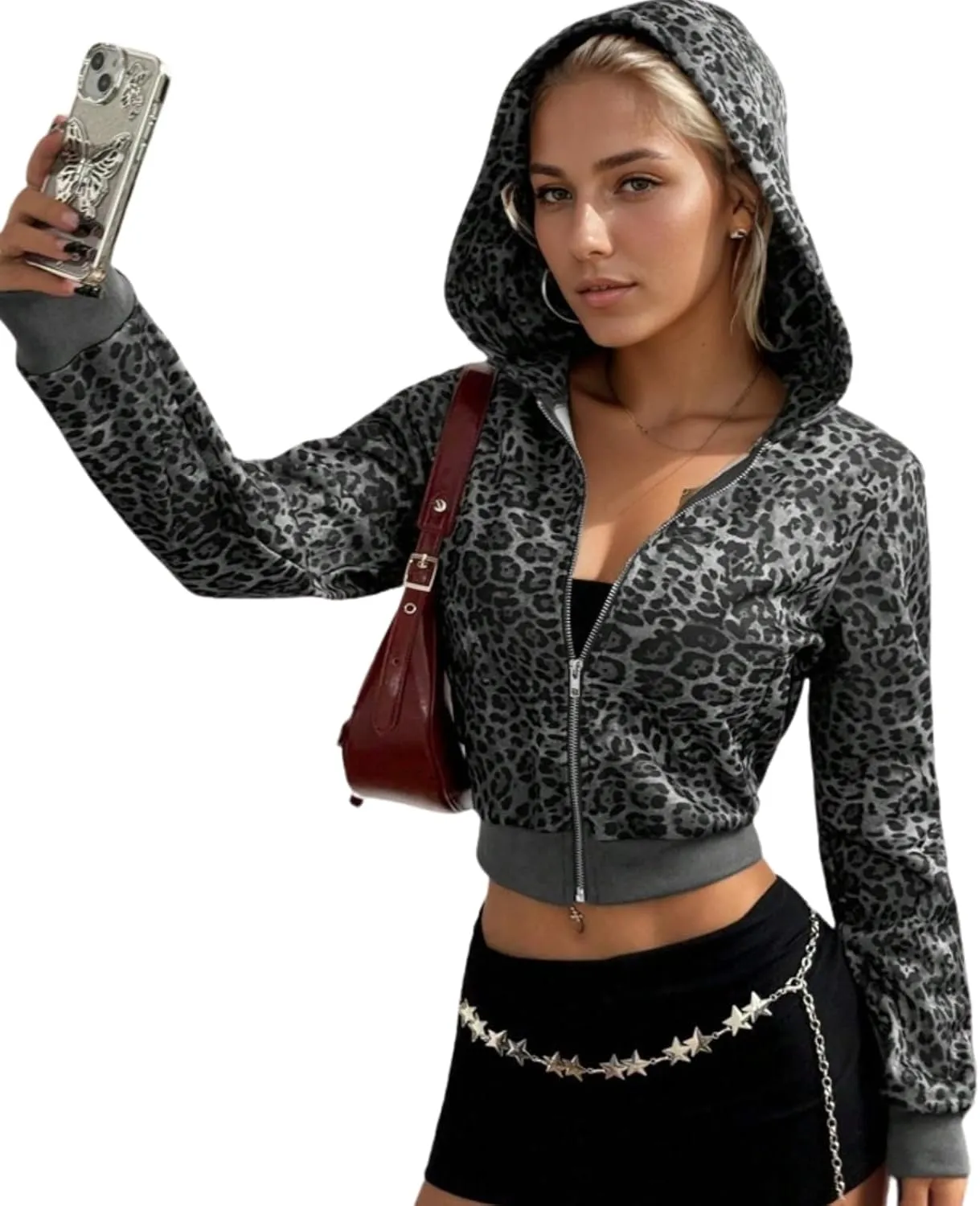 Women Leopard Print Full Zip Up Crop Hoodie Long Sleeve Fleece Cheetah Print Zipper Cropped Hooded Sweatshirt
