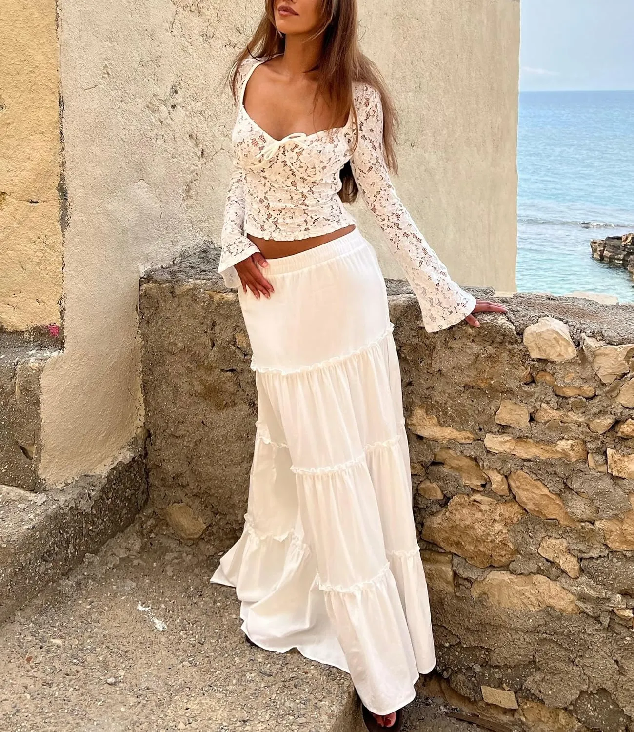Women Long Sleeve Lace Mesh Top Slim Fit See Through Crop Shirt Y2k Low Cut Sheer Lace Shirts Blouse