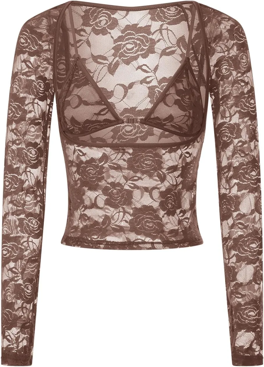 Women Long Sleeve Lace Mesh Top Slim Fit See Through Crop Shirt Y2k Low Cut Sheer Lace Shirts Blouse