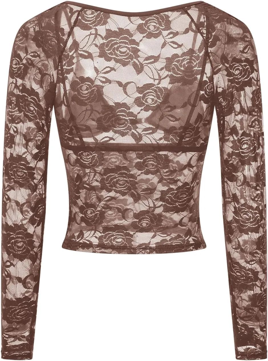 Women Long Sleeve Lace Mesh Top Slim Fit See Through Crop Shirt Y2k Low Cut Sheer Lace Shirts Blouse
