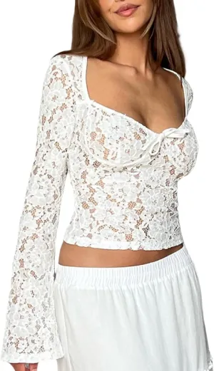 Women Long Sleeve Lace Mesh Top Slim Fit See Through Crop Shirt Y2k Low Cut Sheer Lace Shirts Blouse