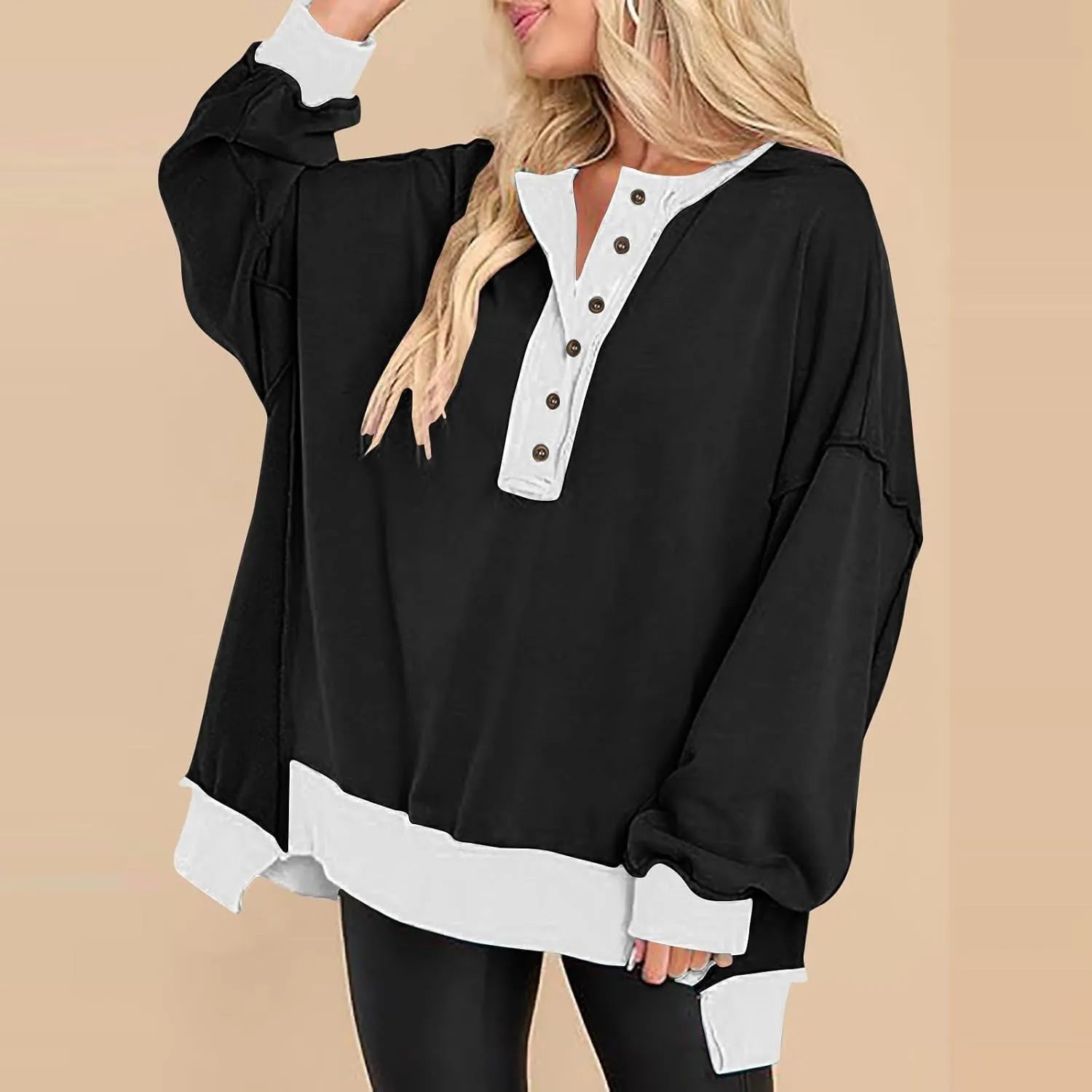 Women Long Sleeve Splicing Pullover Plain Color Tops Lightweight Sweatshirts Loose Fit Top Workout Shirts Outdoors
