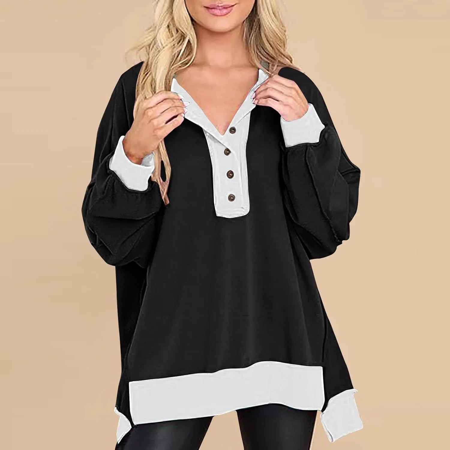 Women Long Sleeve Splicing Pullover Plain Color Tops Lightweight Sweatshirts Loose Fit Top Workout Shirts Outdoors