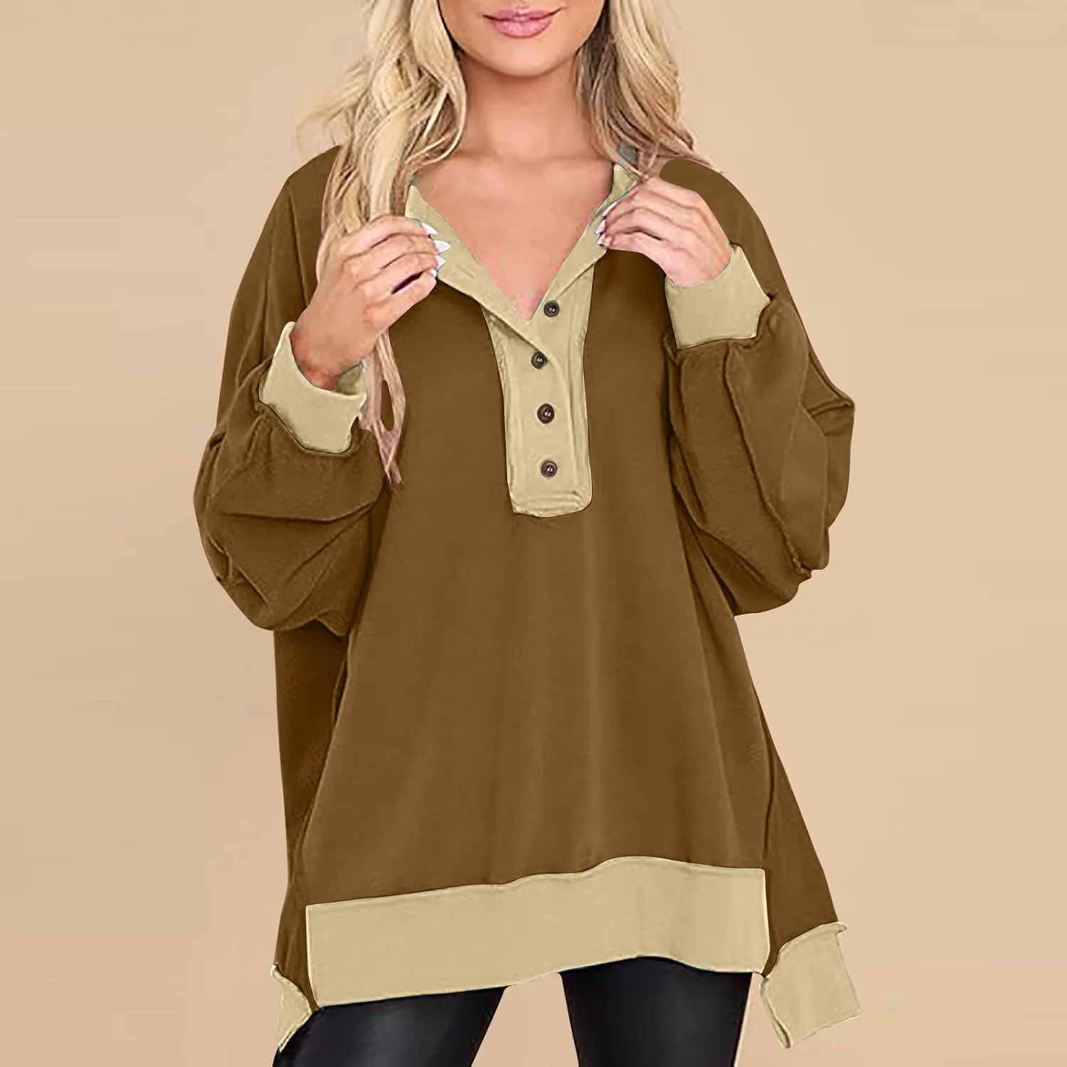 Women Long Sleeve Splicing Pullover Plain Color Tops Lightweight Sweatshirts Loose Fit Top Workout Shirts Outdoors
