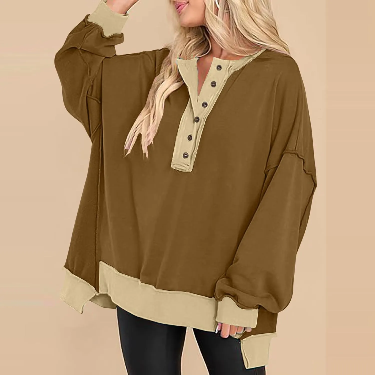 Women Long Sleeve Splicing Pullover Plain Color Tops Lightweight Sweatshirts Loose Fit Top Workout Shirts Outdoors