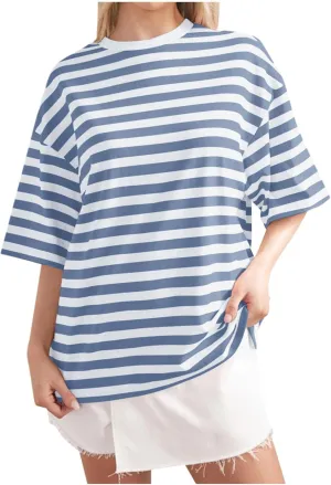 Women Oversized Striped T Shirts Color Block Crew Neck Basic Shirt Casual Tops Y2K Loose Pullover Short Sleeve Tee Tops