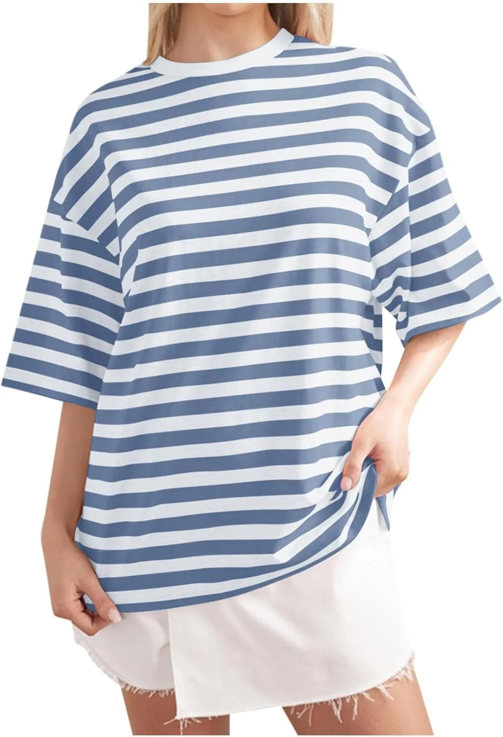 Women Oversized Striped T Shirts Color Block Crew Neck Basic Shirt Casual Tops Y2K Loose Pullover Short Sleeve Tee Tops