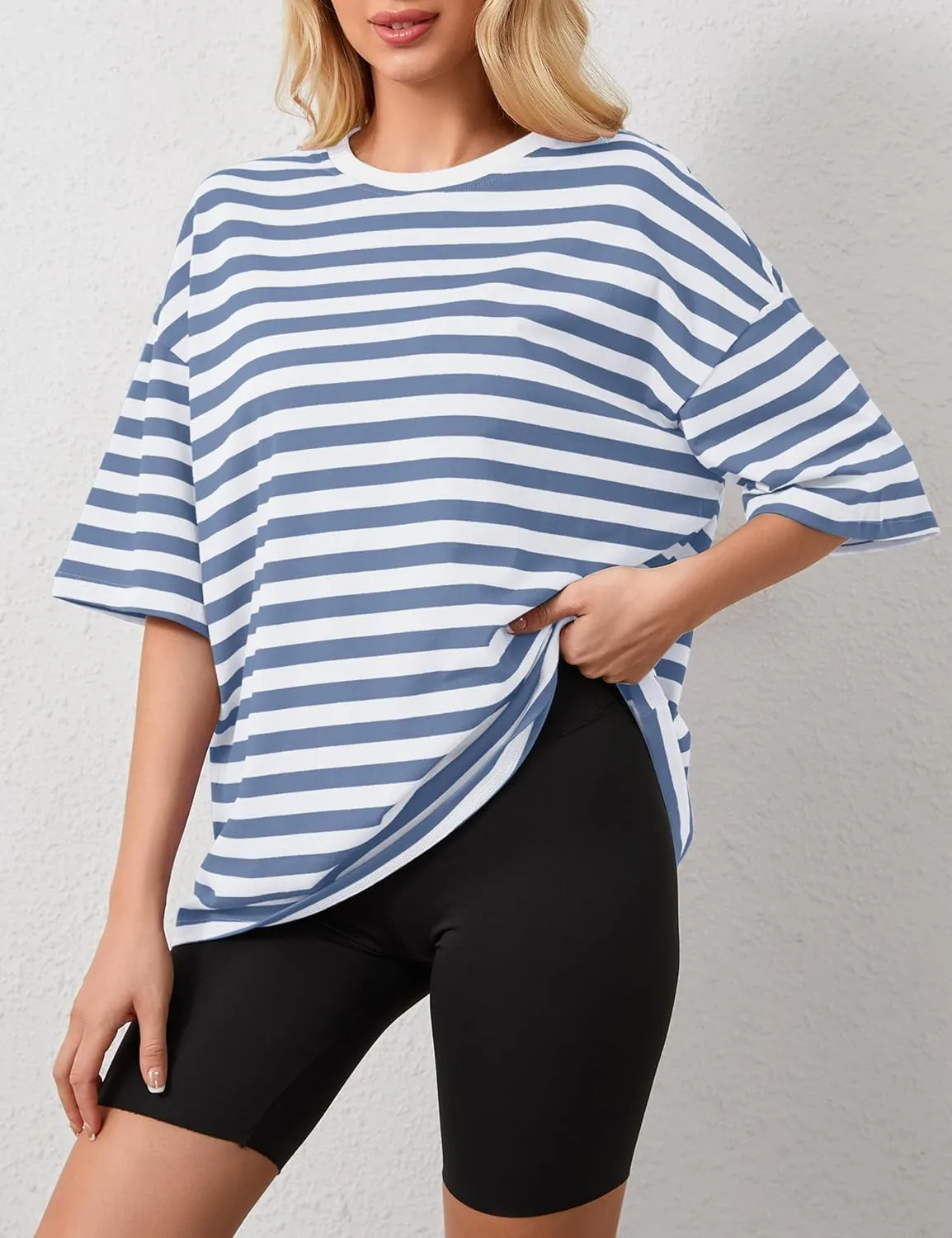 Women Oversized Striped T Shirts Color Block Crew Neck Basic Shirt Casual Tops Y2K Loose Pullover Short Sleeve Tee Tops