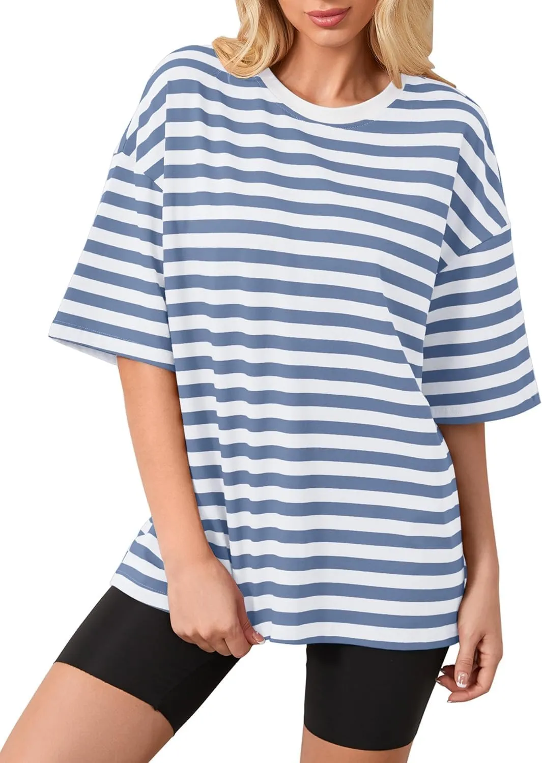 Women Oversized Striped T Shirts Color Block Crew Neck Basic Shirt Casual Tops Y2K Loose Pullover Short Sleeve Tee Tops