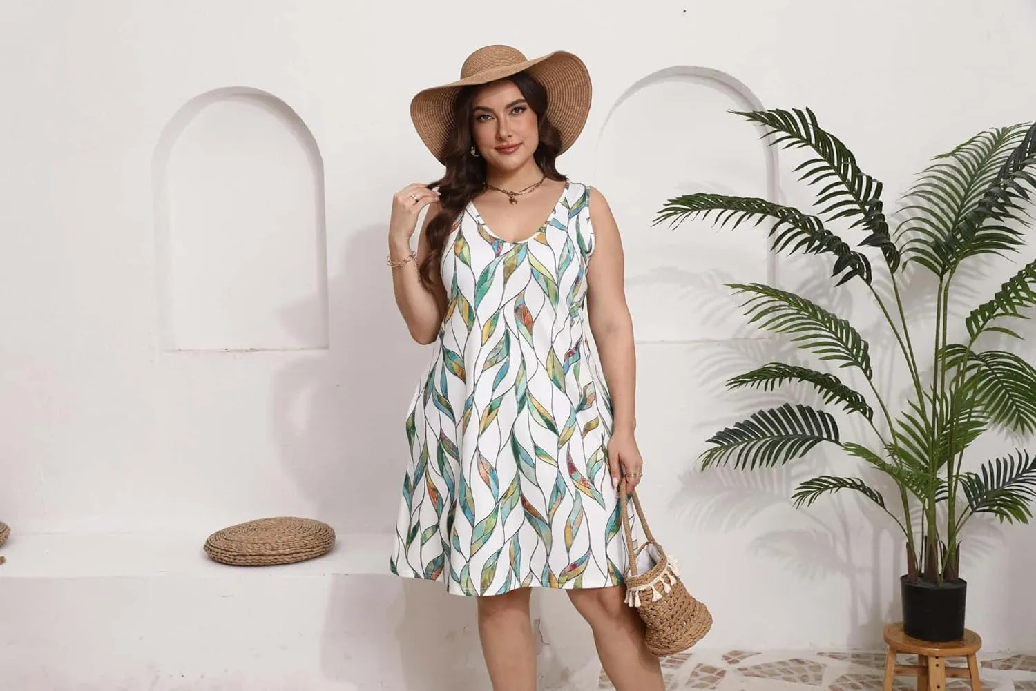 Women Plus Size V Neck Sleeveless Floral Print Pocket T Shirt Dresses Casual Midi Tank Dress Beach Cover up Sundress (XL-5X)