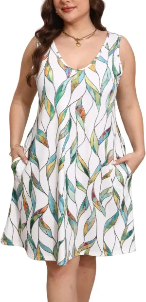 Women Plus Size V Neck Sleeveless Floral Print Pocket T Shirt Dresses Casual Midi Tank Dress Beach Cover up Sundress (XL-5X)