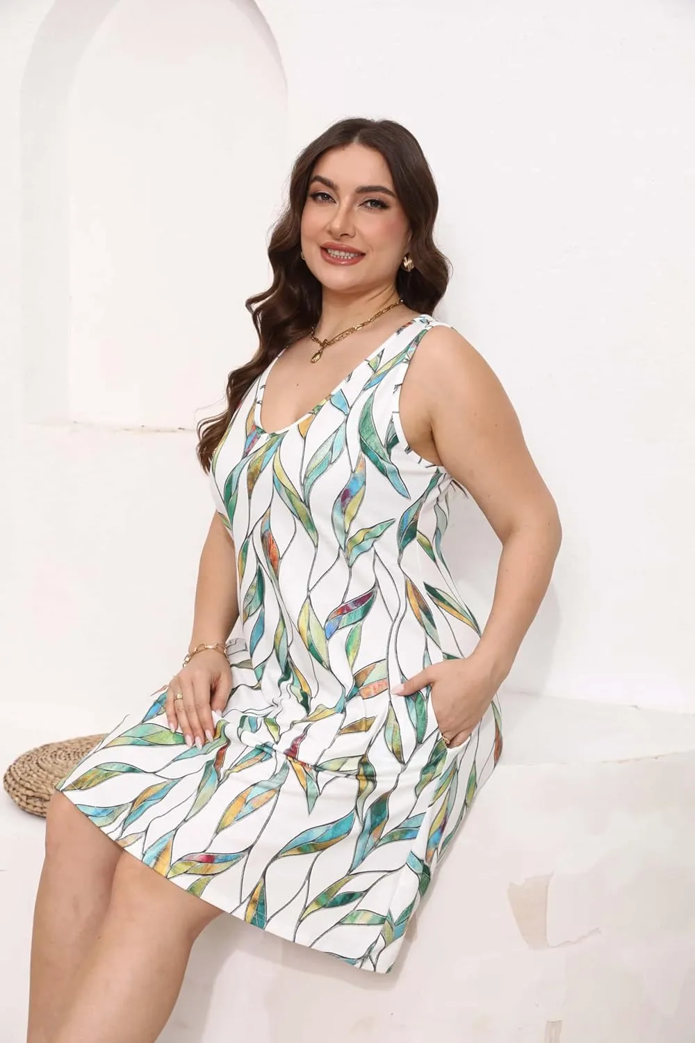 Women Plus Size V Neck Sleeveless Floral Print Pocket T Shirt Dresses Casual Midi Tank Dress Beach Cover up Sundress (XL-5X)
