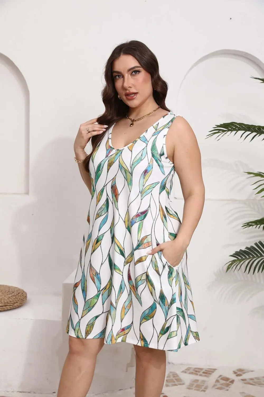 Women Plus Size V Neck Sleeveless Floral Print Pocket T Shirt Dresses Casual Midi Tank Dress Beach Cover up Sundress (XL-5X)