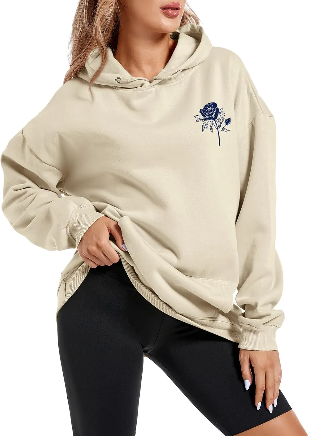 Women Rose Letter Print Hoodie Floral Graphic Vintage Aesthetic Hooded Sweatshirt Flower Fleece Casual Pullover Tops