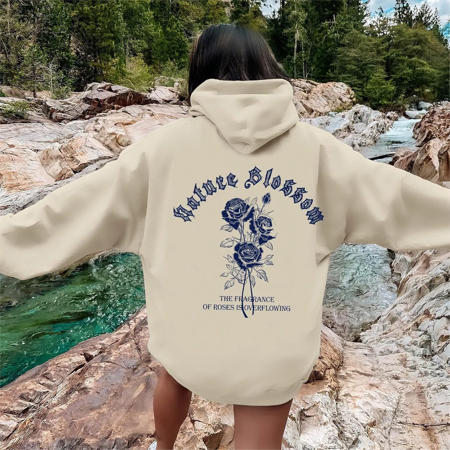 Women Rose Letter Print Hoodie Floral Graphic Vintage Aesthetic Hooded Sweatshirt Flower Fleece Casual Pullover Tops