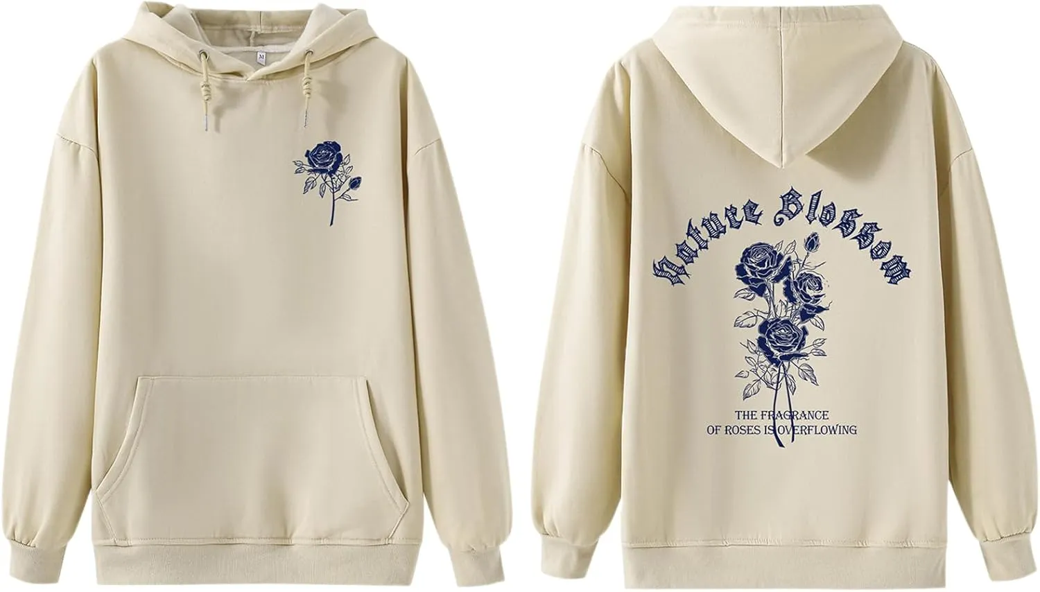 Women Rose Letter Print Hoodie Floral Graphic Vintage Aesthetic Hooded Sweatshirt Flower Fleece Casual Pullover Tops