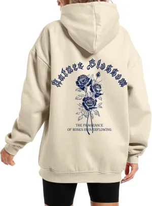 Women Rose Letter Print Hoodie Floral Graphic Vintage Aesthetic Hooded Sweatshirt Flower Fleece Casual Pullover Tops