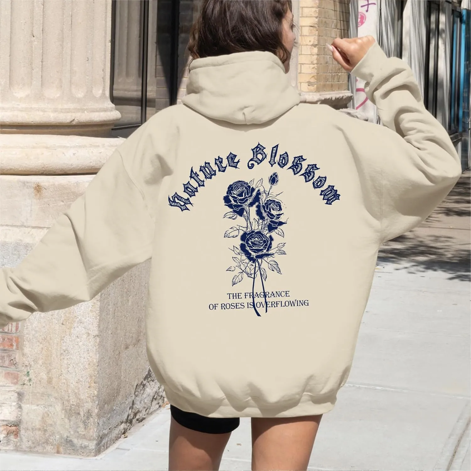Women Rose Letter Print Hoodie Floral Graphic Vintage Aesthetic Hooded Sweatshirt Flower Fleece Casual Pullover Tops