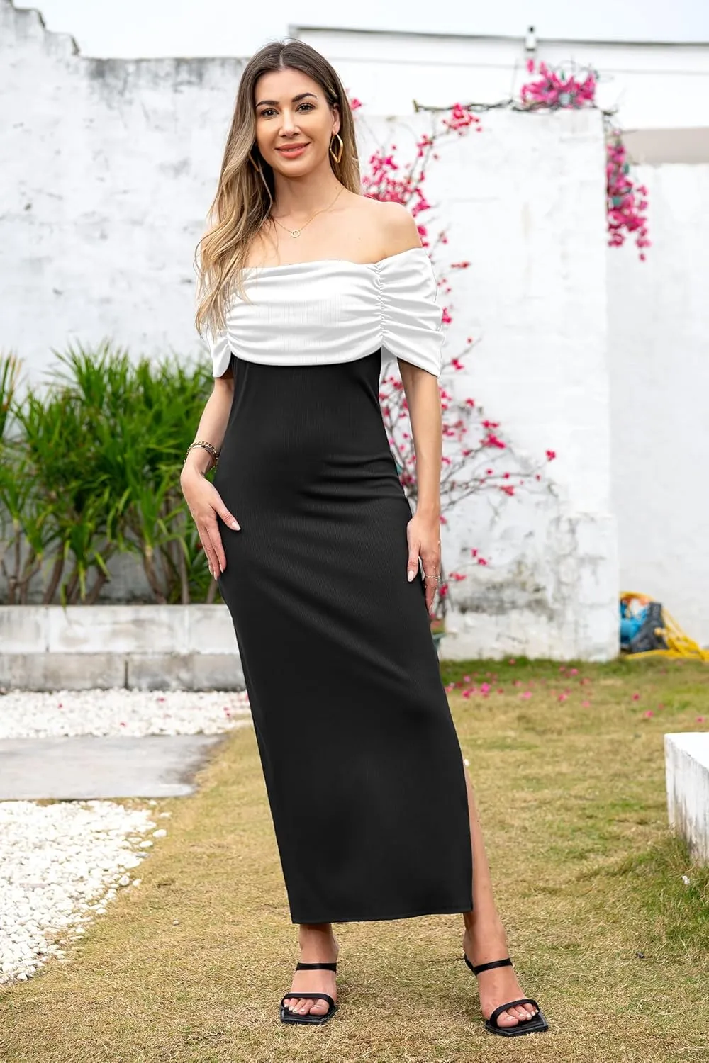 Women Sexy Bodycon Dress Off Shoulder Short Sleeve Elegant Ribbed Knit Midi Cocktail Dresses