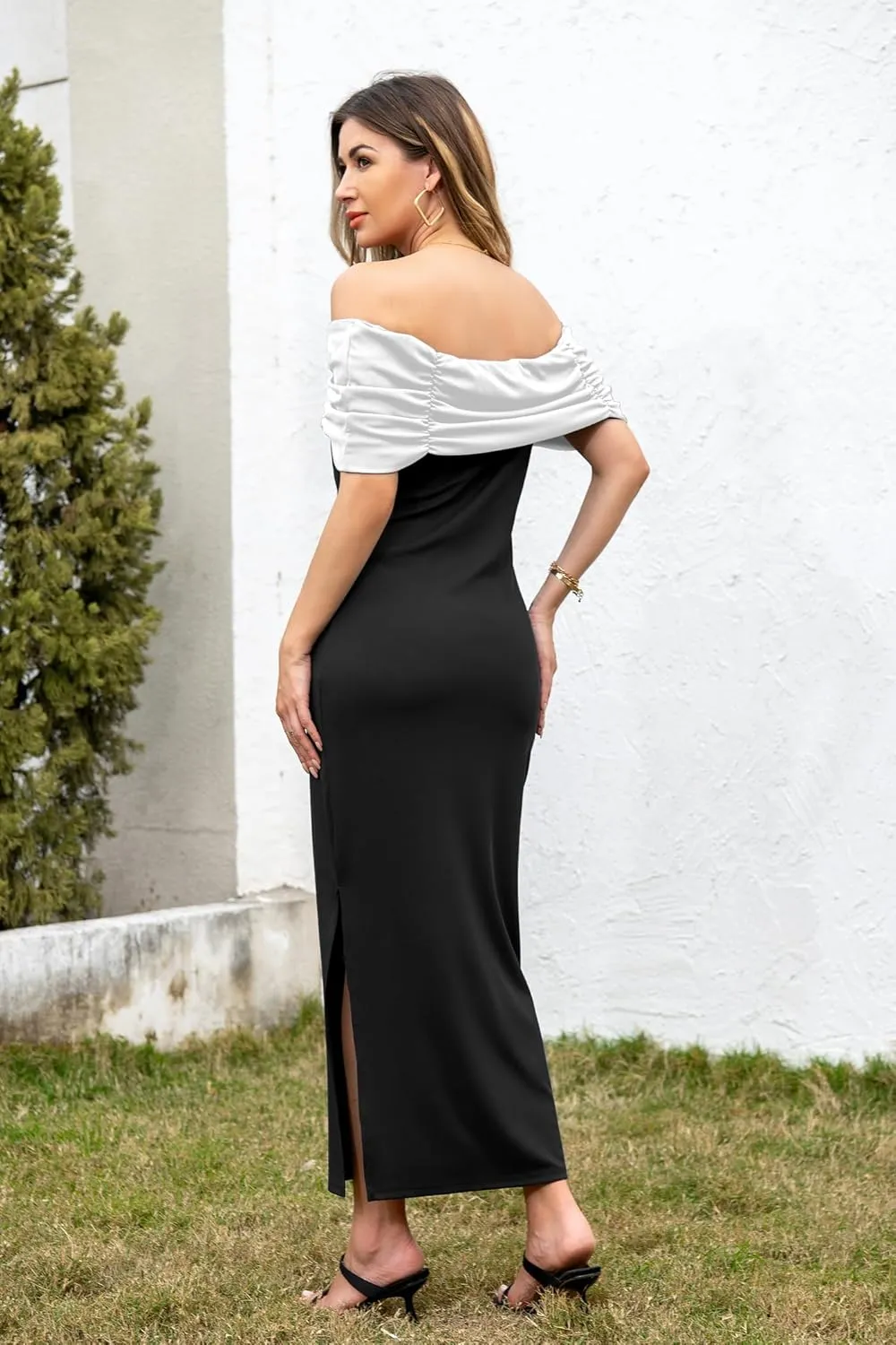Women Sexy Bodycon Dress Off Shoulder Short Sleeve Elegant Ribbed Knit Midi Cocktail Dresses