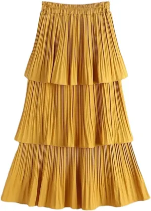 Women Summer Tiered Maxi Tulle Skirt Elegant High Waist Puffy Ruffled Pleated Mesh Long Skirt