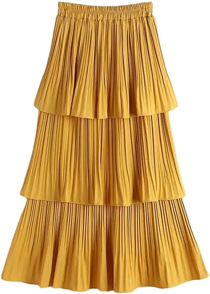 Women Summer Tiered Maxi Tulle Skirt Elegant High Waist Puffy Ruffled Pleated Mesh Long Skirt