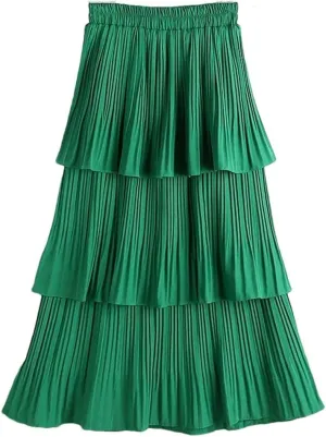 Women Summer Tiered Maxi Tulle Skirt Elegant High Waist Puffy Ruffled Pleated Mesh Long Skirt