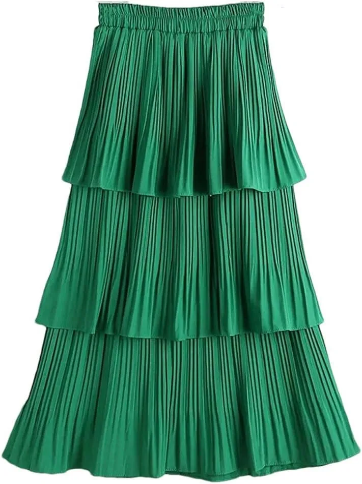 Women Summer Tiered Maxi Tulle Skirt Elegant High Waist Puffy Ruffled Pleated Mesh Long Skirt