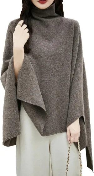 Women Turtleneck Shawl Long Sleeve 100% Wool Oversized Sweaters Winter Cable Knit Sweater