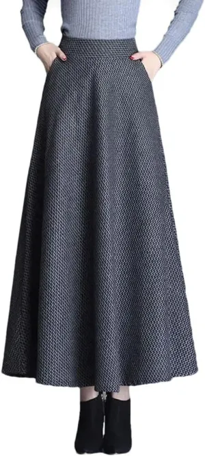 Women Vintage Plaid Woolen Skirts High Waist Warm A-Line Pleated Skirt Fashion Office Maxi Skirt