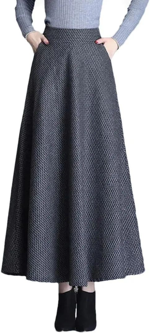 Women Vintage Plaid Woolen Skirts High Waist Warm A-Line Pleated Skirt Fashion Office Maxi Skirt