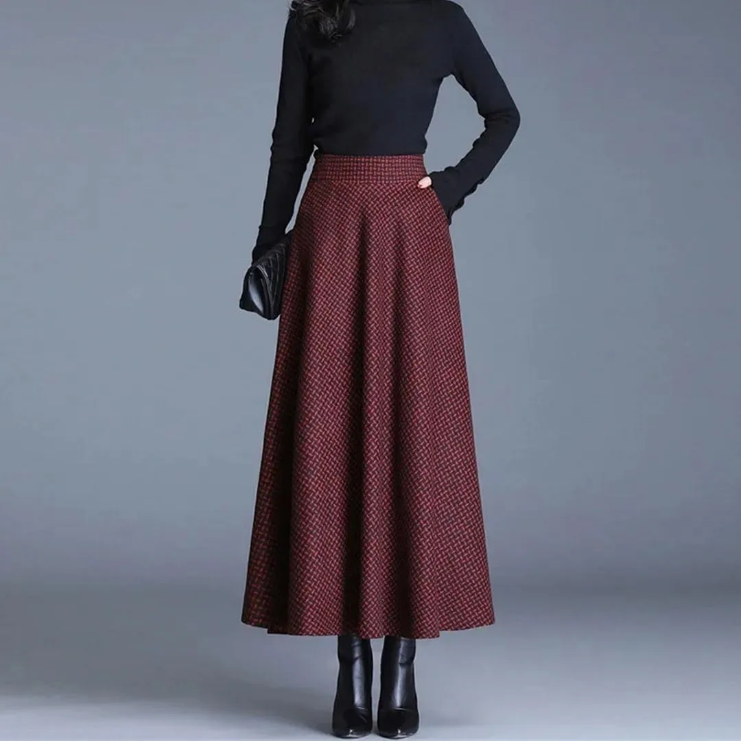 Women Vintage Plaid Woolen Skirts High Waist Warm A-Line Pleated Skirt Fashion Office Maxi Skirt