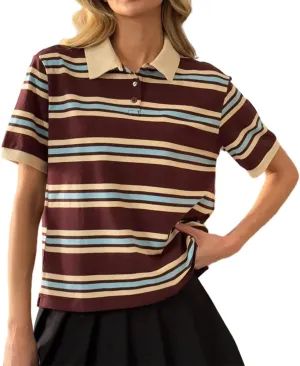 Women Y2K Collar V Neck Color Block Striped T-Shirt Vintage Slim Fit Short Sleeve Button Polo Shirts Streetwear