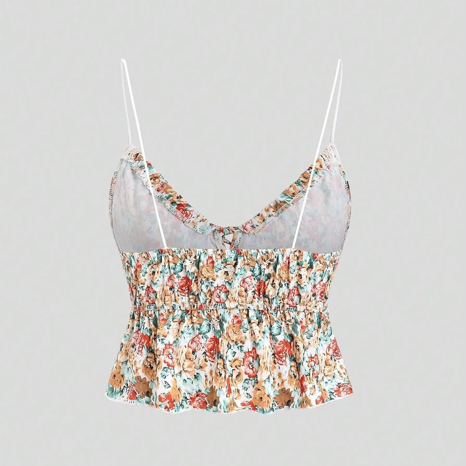 Women Y2K Coquette Floral Print Tie Front Crop Cami Top Spaghetti Strap V Neck Slim Fit Ruffle Hem Cropped Tank