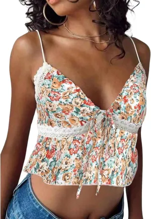 Women Y2K Coquette Floral Print Tie Front Crop Cami Top Spaghetti Strap V Neck Slim Fit Ruffle Hem Cropped Tank